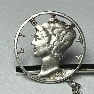 Vintage Hand-cut Tie Tack Lapel Pin Mercury Dime 1938 900 Silver Collector Coin